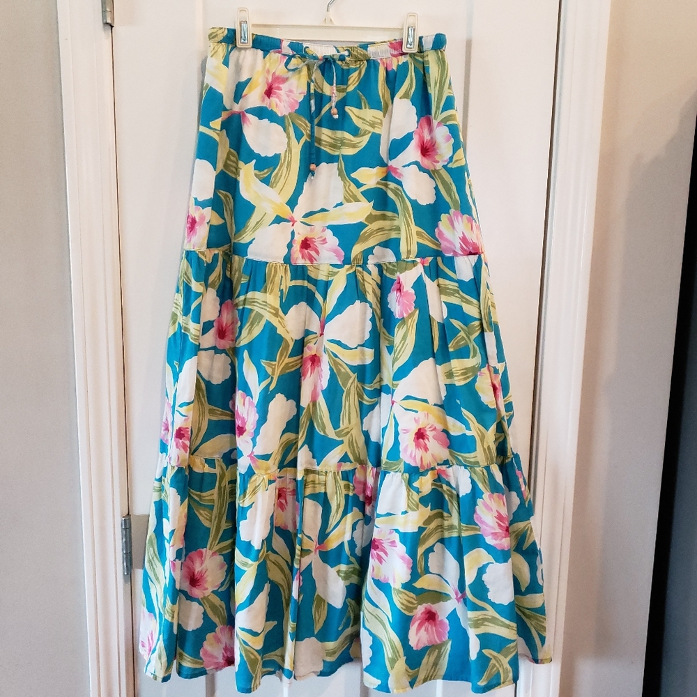 Lauren Ralph Lauren Blue Pink Iris Tiered Maxi Skirt